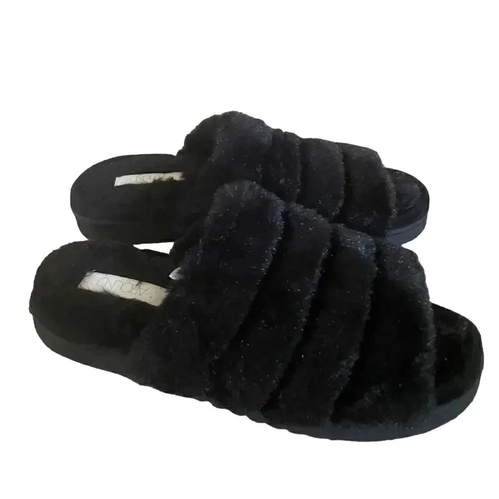 Nordstrom Abound  open toe faux fur fuzzy slide slipper in black flat sole SZ 13